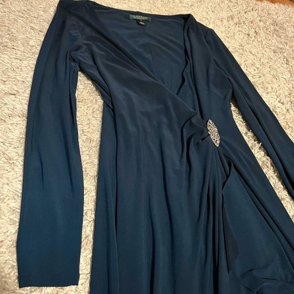 VTG Lauren Ralph Lauren Evening Teal Blue Classy Maxi Dress Womens sz 8 Stretchy - Picture 2 of 5